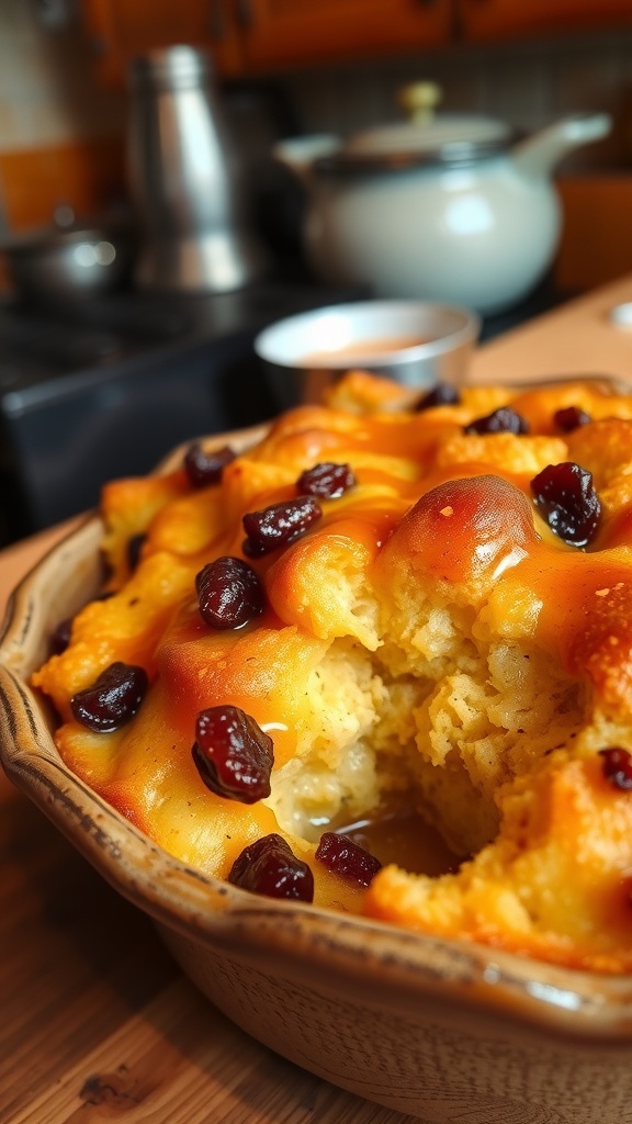 A warm bread pudding with raisins and caramel sauce in a rustic dish, set in a cozy kitchen.